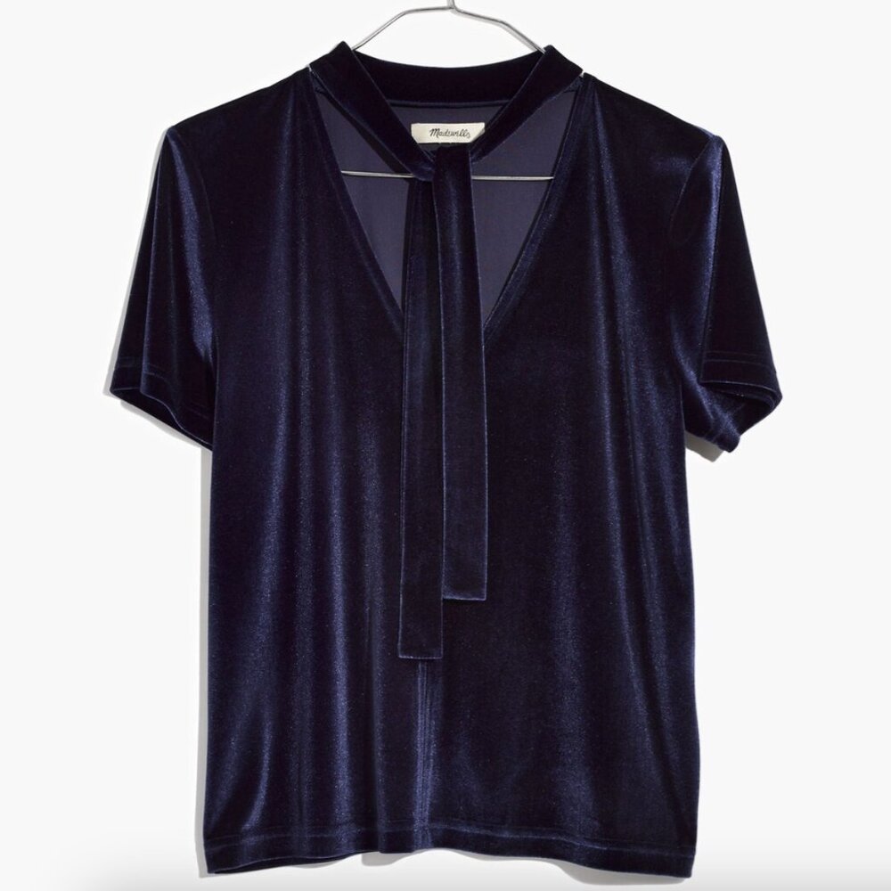 Madewell Velvet Tie Neck Top Size XS Short Sleeve Nightfall Blue Romantic